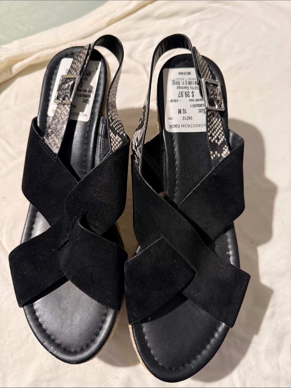 Marc Fisher Black Crisscross Wedge Sandals with Snakeskin Sling